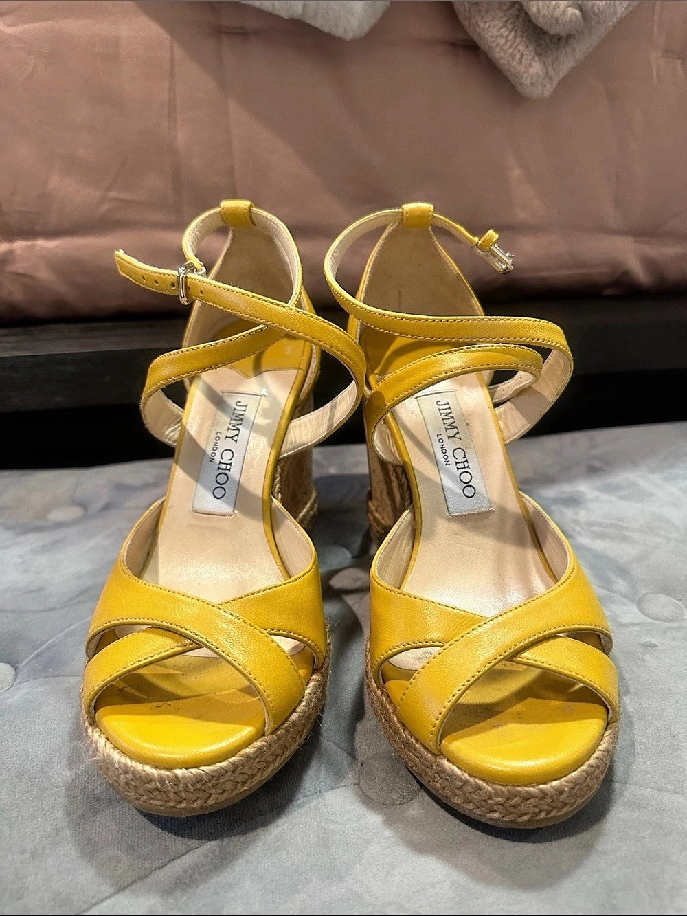 Jimmy Choo Dellena 100 Yellow Espadrille Wedge Sandals